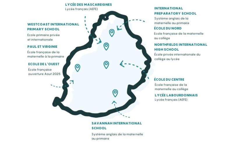 Carte des écoles internationales à Maurice Carte illustrant les principales écoles internationales et françaises à Maurice, incluant le Lycée des Mascareignes, le Lycée Labourdonnais, et plusieurs écoles primaires et secondaires privées.